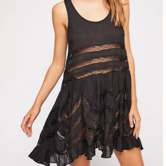 Free People Intimately Voile and Lace Trapeze Slip Dress Black Combo Size Small - Picture 1 of 9